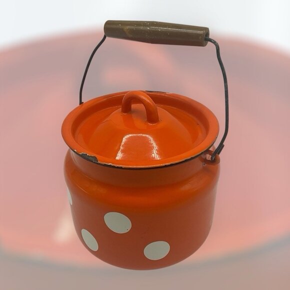 Enamel VTG  6 Inch High Mllk Can or Milk Churn Red/Orange w/White Polka Dots - Picture 3 of 16